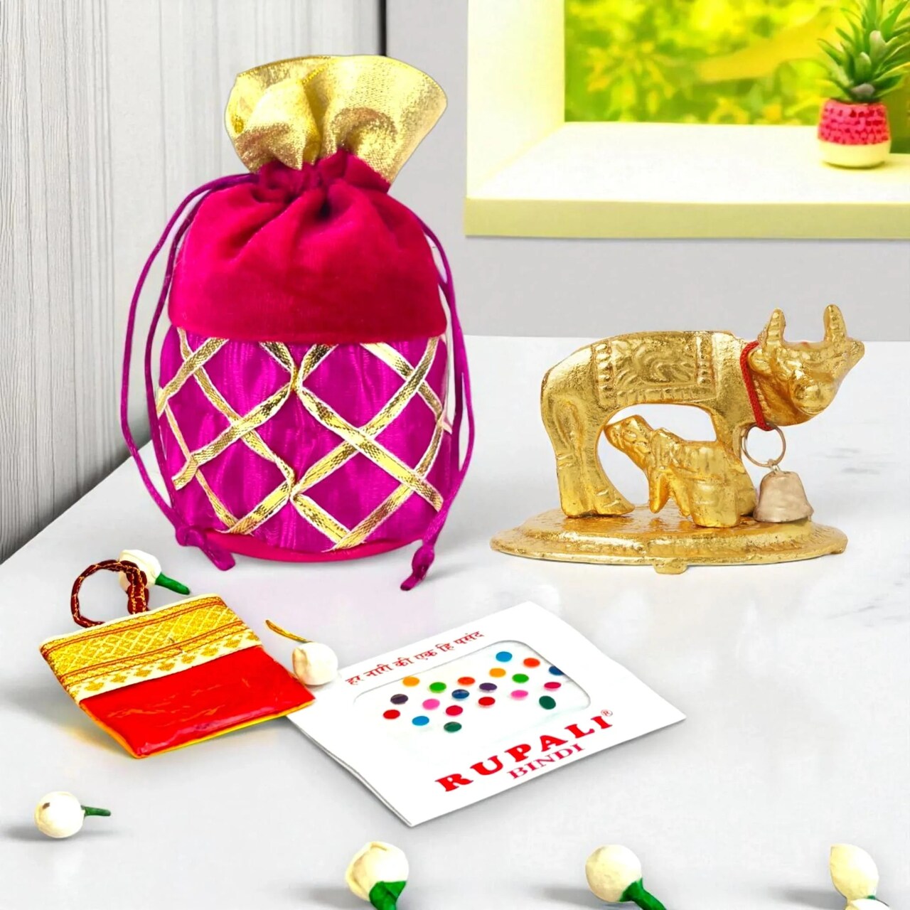 Varalakshmi Vratham Gift Hamper Navaratri Vratha Hindu Religious Teej Karva Chauth Bulk Pooja Housewarming Return Gifts - Potli Bags Haldi Kumkum Pack Kamdhenu Idol Statue Bindi